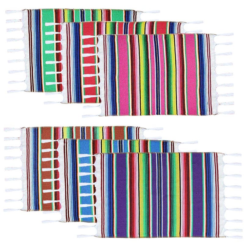 Fowecelt Mexican Serape Placemats for Mexican Party Wedding Decor Outdoor Dining Kitchen Table Set of 6, 13 x 19 Inch Fringe Cotton Handwoven Table Place Mat (Multi-Color) - Image 1